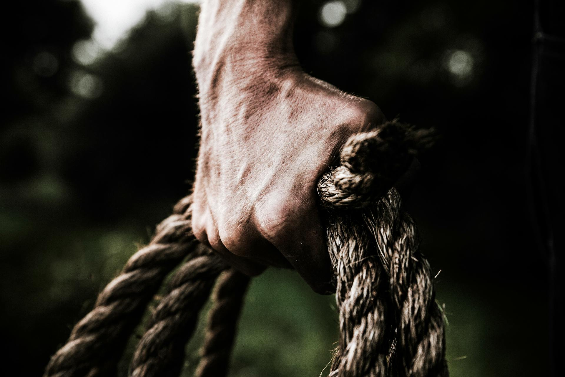 Close-up of a strong, veined hand gripping a thick rope against a blurred, moody outdoor background, symbolizing perseverance and unseen effort.