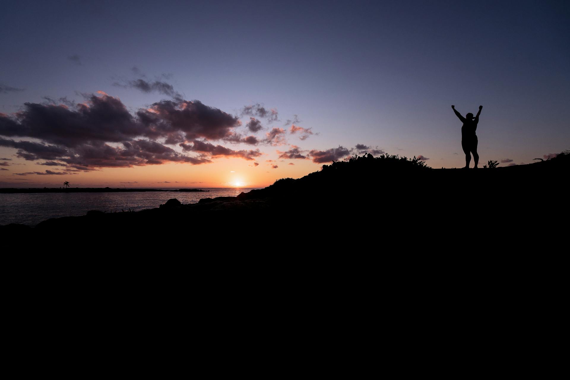 Silhouette of a person with raised arms standing on a hill against a sunset sky, symbolizing both triumph and calm reflection.
