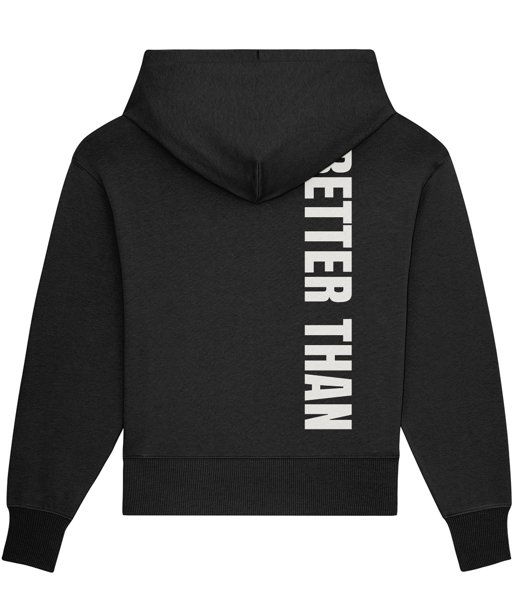 Back view of heavyweight Black organic cotton hoodie showing the vertical Better Than print down the right shoulder, part of the Everyday Armour collection by Better Than