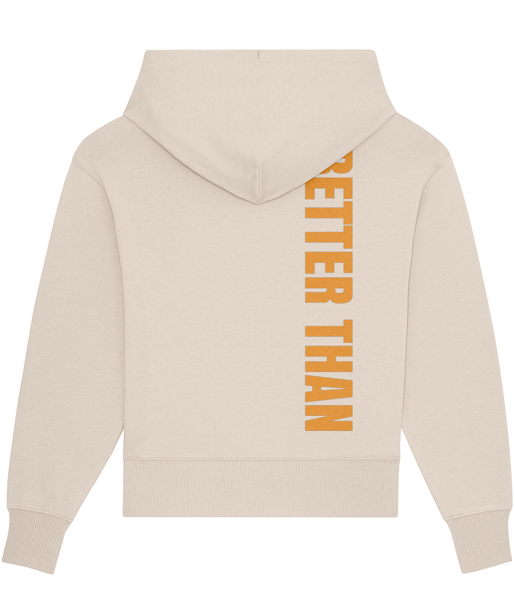 Back view of heavyweight Cream organic cotton hoodie showing the vertical Better Than print down the right shoulder, part of the Everyday Armour collection by Better Than