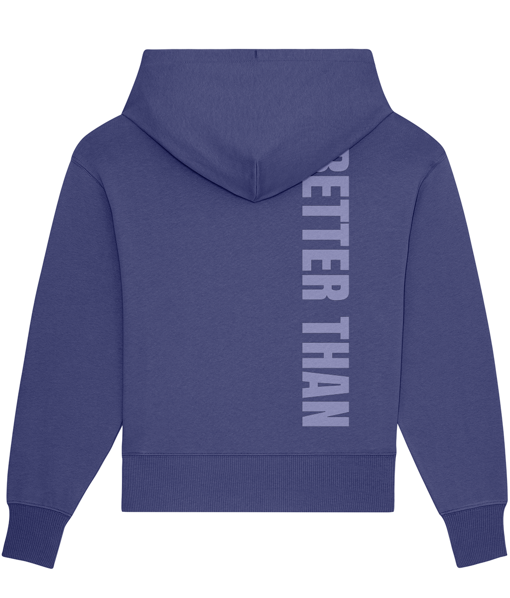 Back view of heavyweight Dusk organic cotton hoodie showing the vertical Better Than print down the right shoulder, part of the Everyday Armour collection by Better Than
