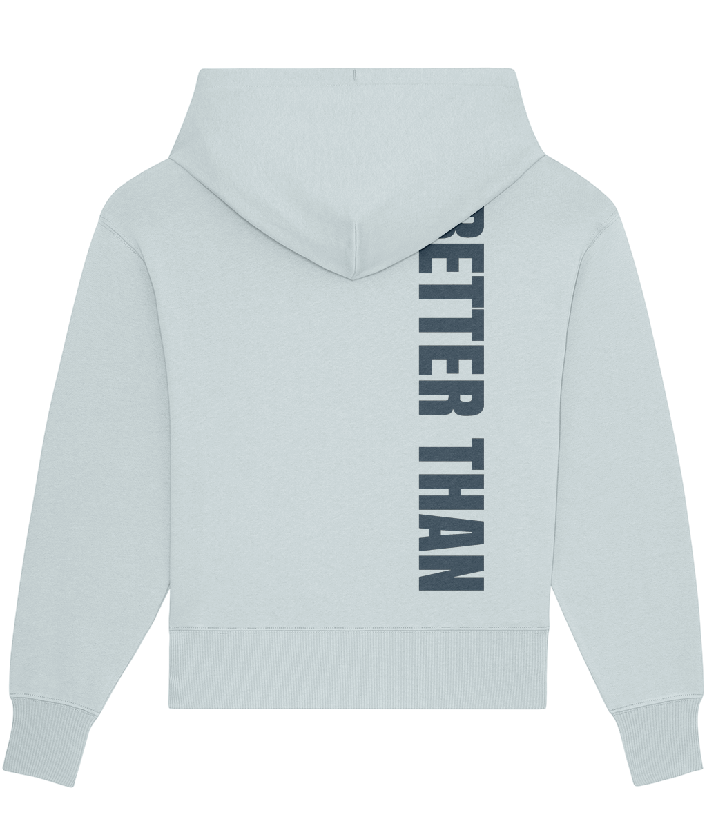 Back view of heavyweight Icy Blue organic cotton hoodie showing the vertical Better Than print down the right shoulder, part of the Everyday Armour collection by Better Than
