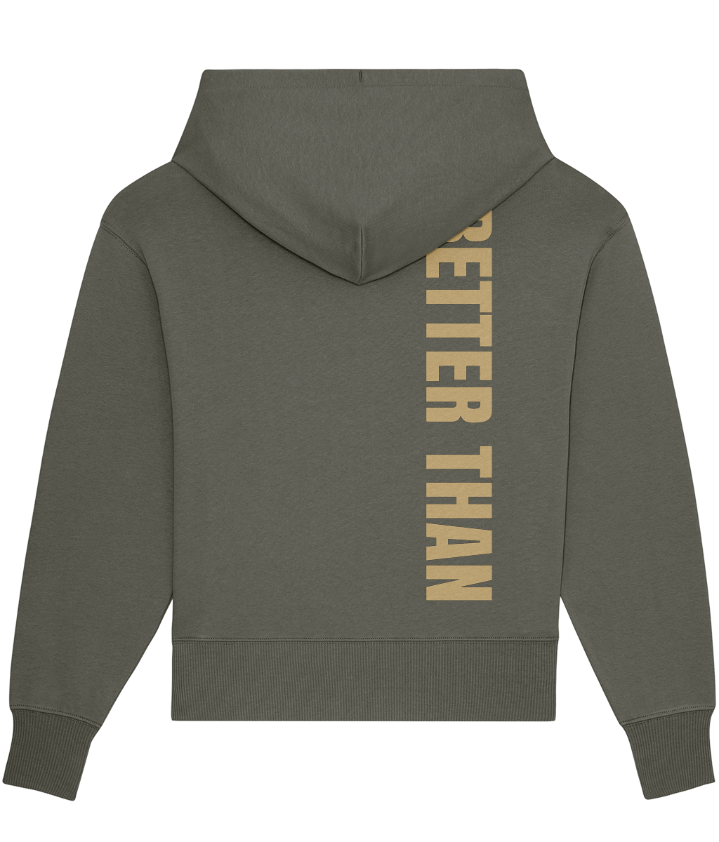 Back view of heavyweight Khaki Green organic cotton hoodie showing the vertical Better Than print down the right shoulder, part of the Everyday Armour collection by Better Than
