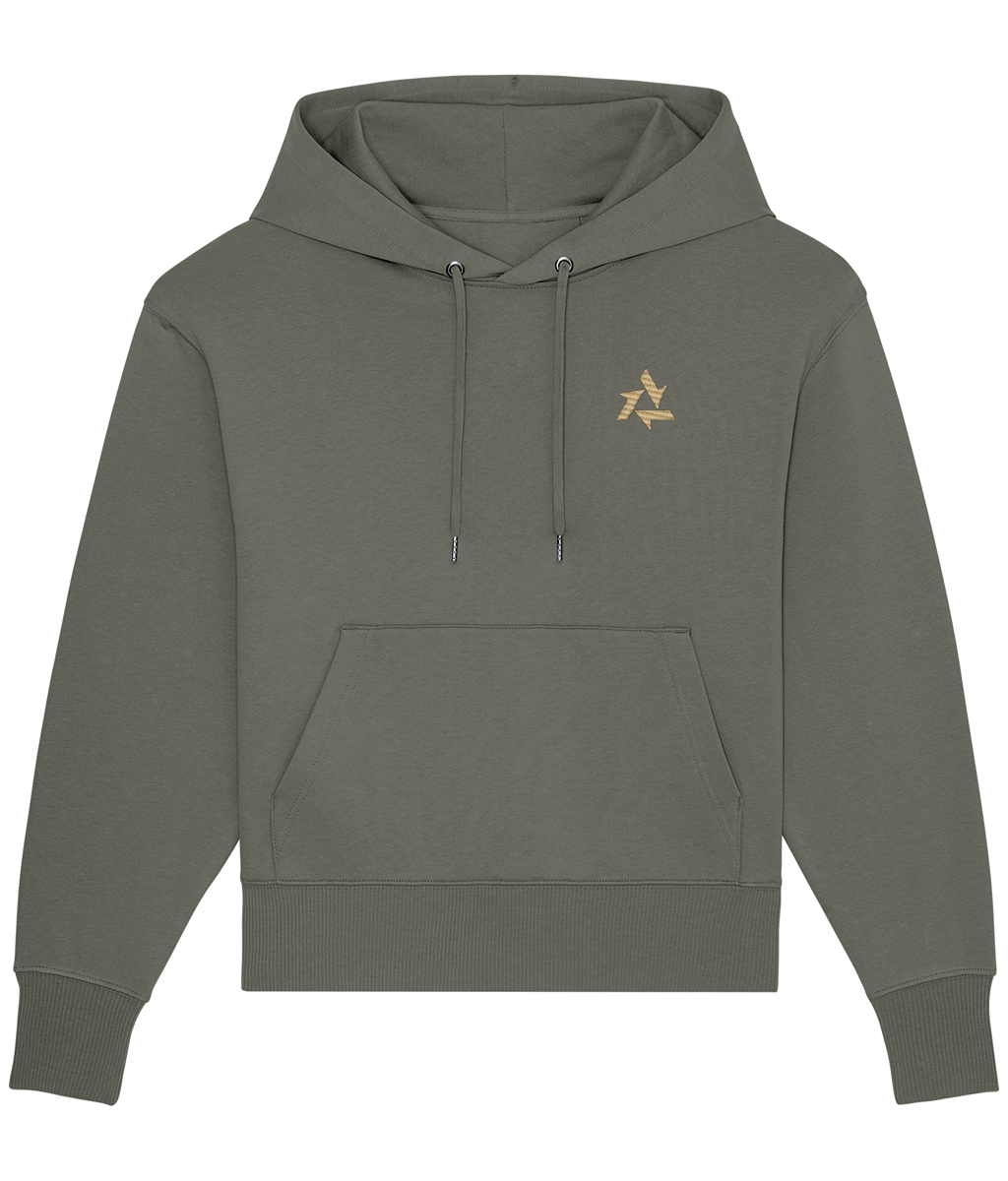 Front view of heavyweight Khaki Green hoodie made from organic cotton with Delta logo embroidery, part of the Everyday Armour collection by Better Than