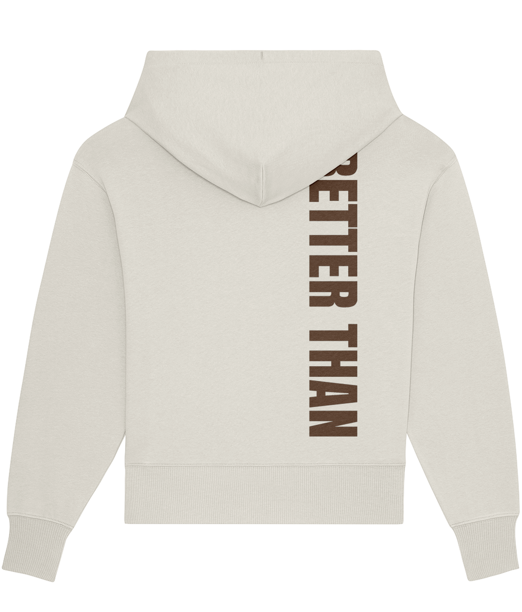 Back view of heavyweight Natural Raw organic cotton hoodie showing the vertical Better Than print down the right shoulder, part of the Everyday Armour collection by Better Than