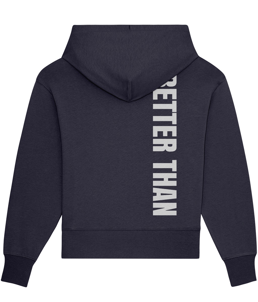 Back view of heavyweight Navy organic cotton hoodie showing the vertical Better Than print down the right shoulder, part of the Everyday Armour collection by Better Than