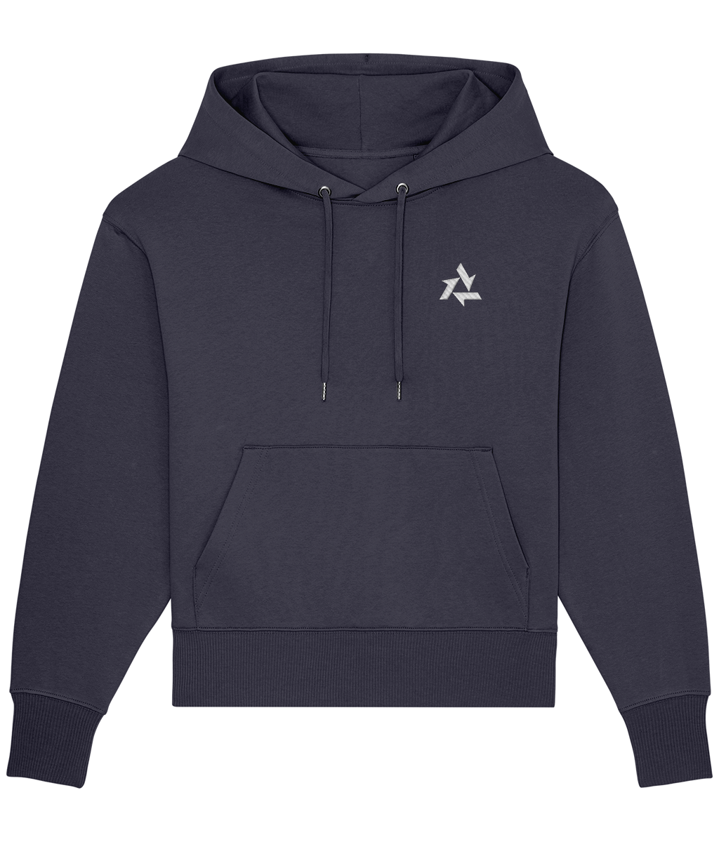 Front view of heavyweight Navy hoodie made from organic cotton with Delta logo embroidery, part of the Everyday Armour collection by Better Than