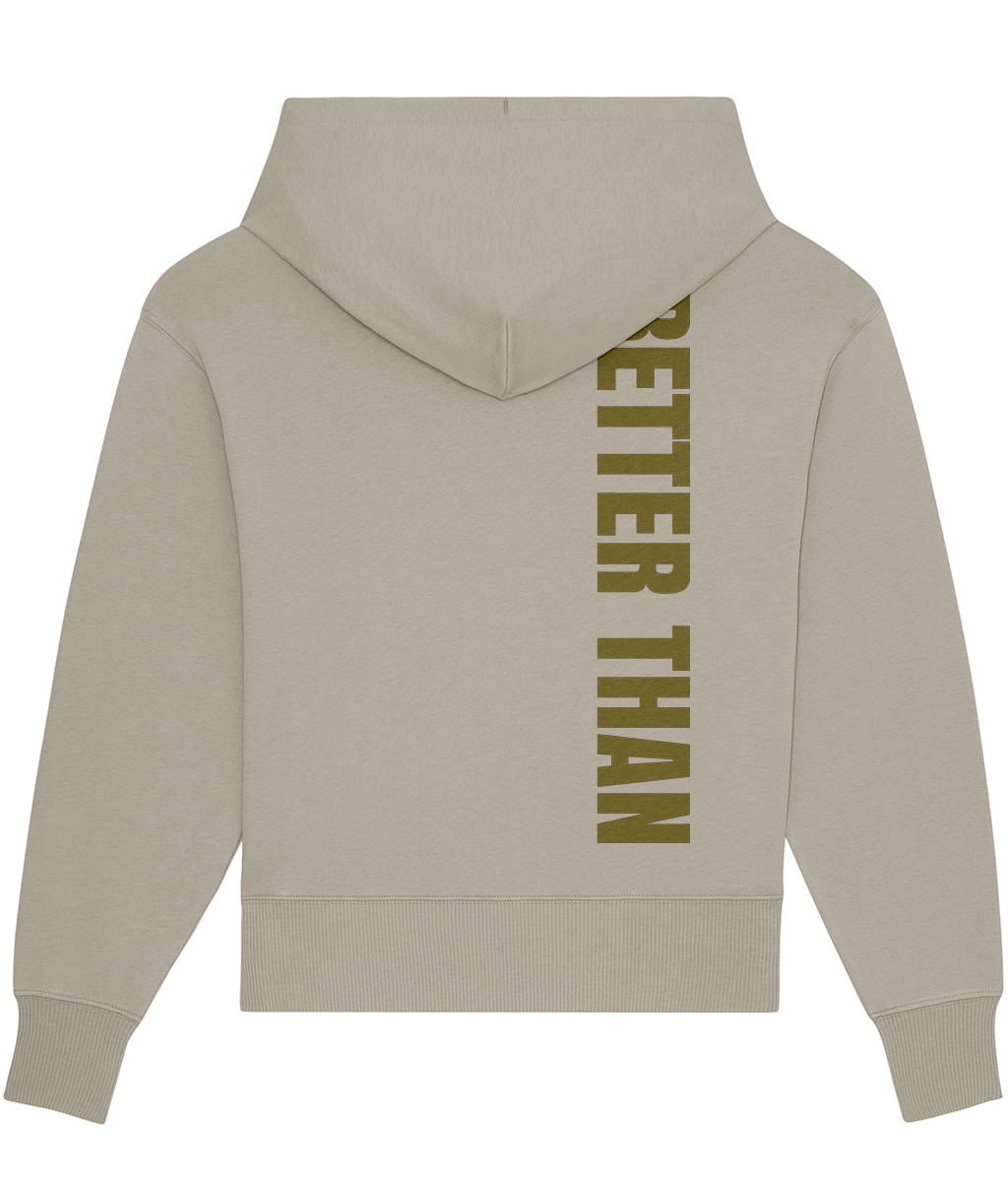 Back view of heavyweight Stone organic cotton hoodie showing the vertical Better Than print down the right shoulder, part of the Everyday Armour collection by Better Than