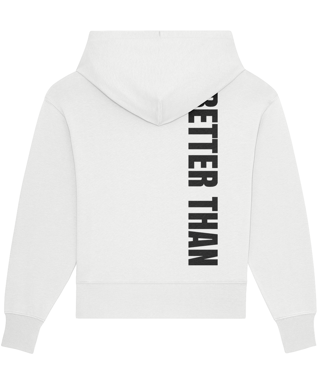 Back view of heavyweight White organic cotton hoodie showing the vertical Better Than print down the right shoulder, part of the Everyday Armour collection by Better Than