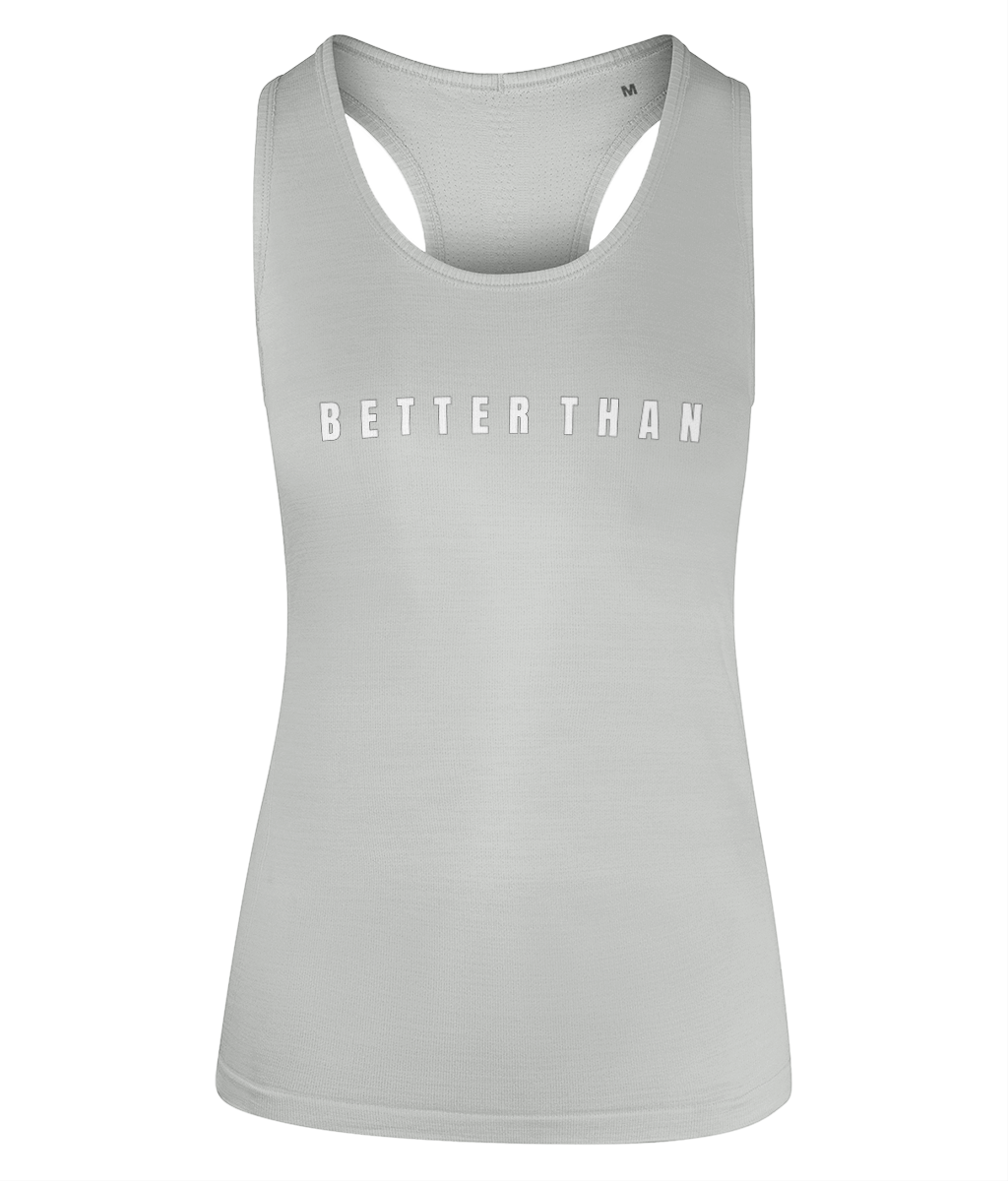 Front view of grey premium recycled blend ladies vest showing the subtle Better Than chest print, part of the Everyday Armour collection by Better Than.