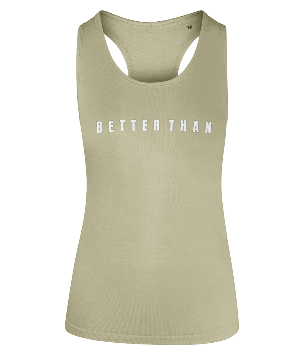 Front view of sage green premium recycled blend ladies vest showing the subtle Better Than chest print, part of the Everyday Armour collection by Better Than.