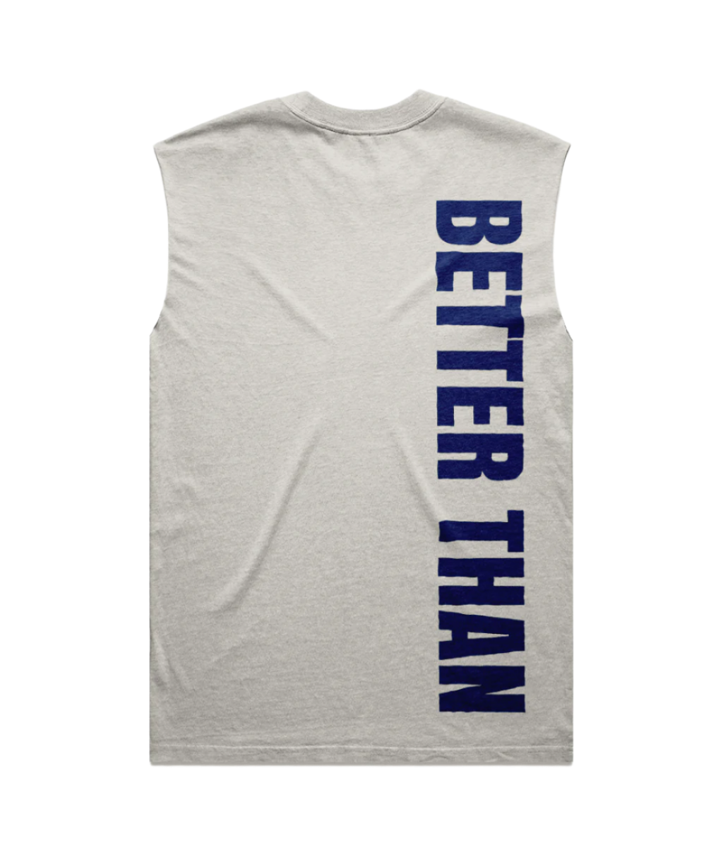 Back view of heavyweight off-white carded cotton vest showing the vertical Better Than print down the right shoulder, part of the Everyday Armour collection by Better Than