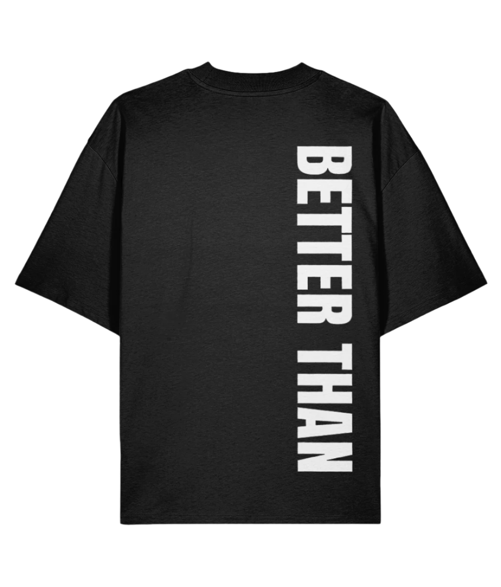 Back view of  black organic cotton heavyweight t-shirt showing the vertical Better Than print down the right shoulder, part of the Everyday Armour collection by Better Than