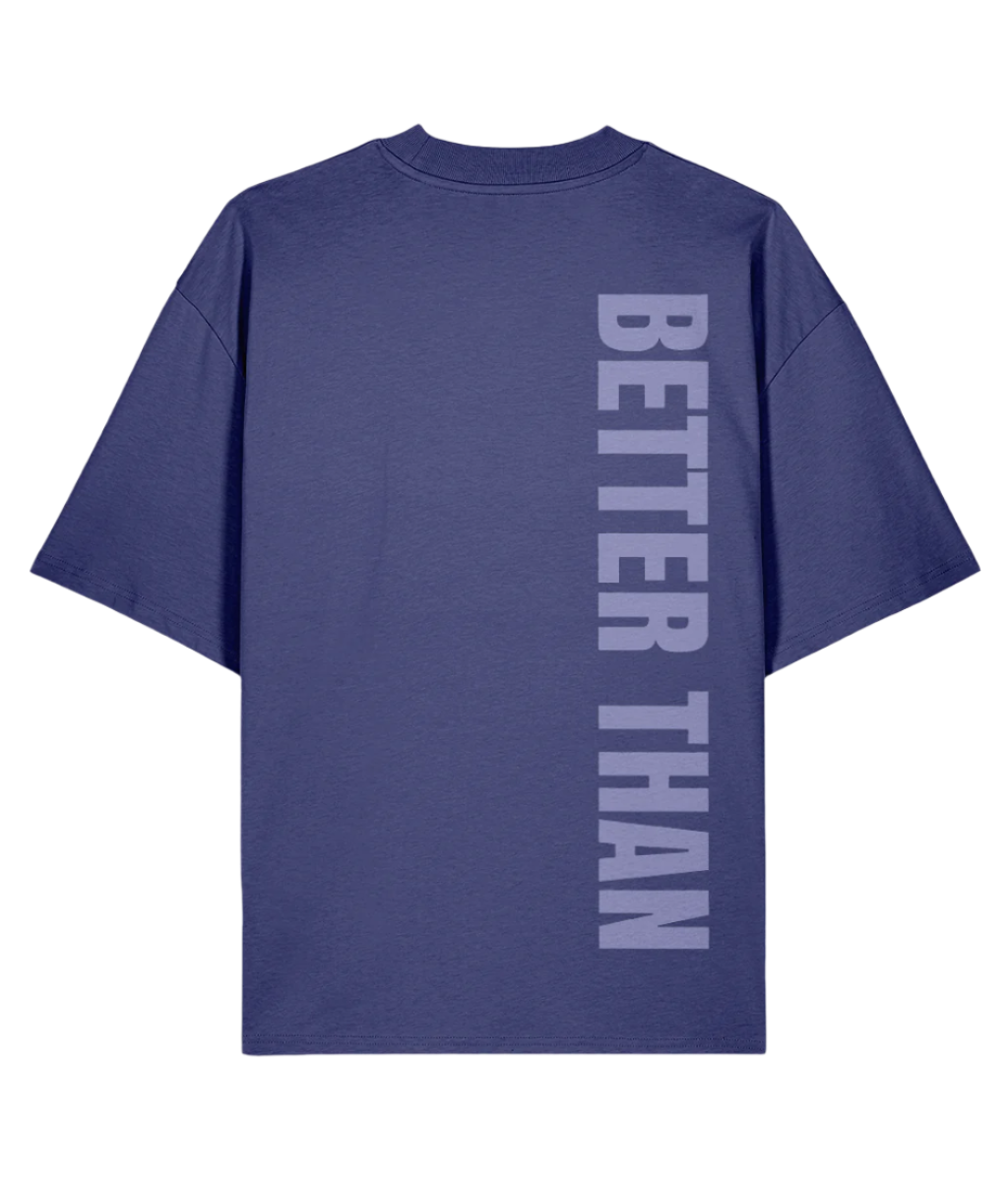 Back view of  dusk organic cotton heavyweight t-shirt showing the vertical Better Than print down the right shoulder, part of the Everyday Armour collection by Better Than