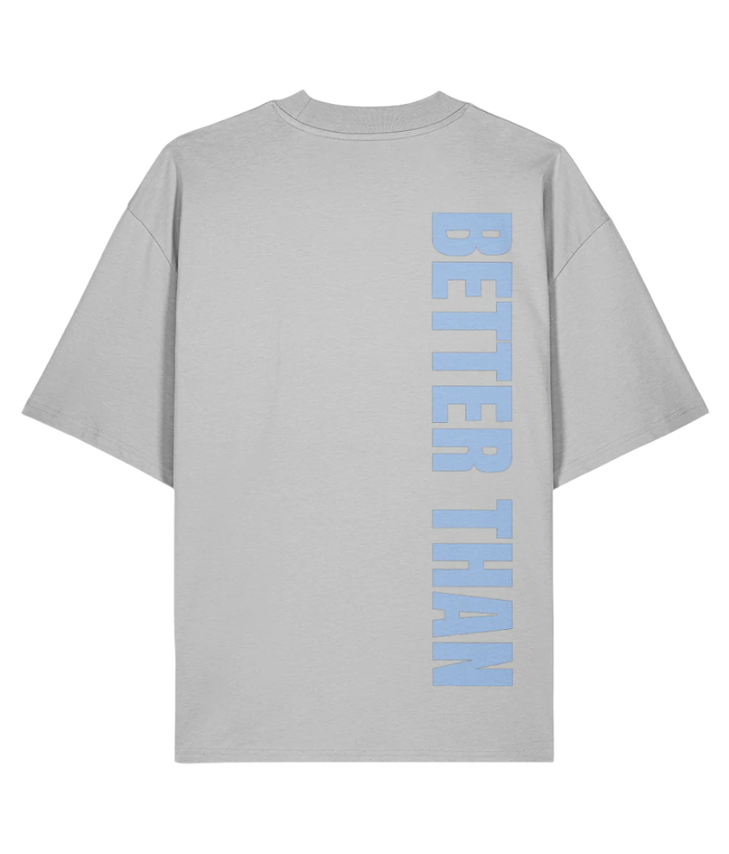 Back view of  grey organic cotton heavyweight t-shirt showing the vertical Better Than print down the right shoulder, part of the Everyday Armour collection by Better Than