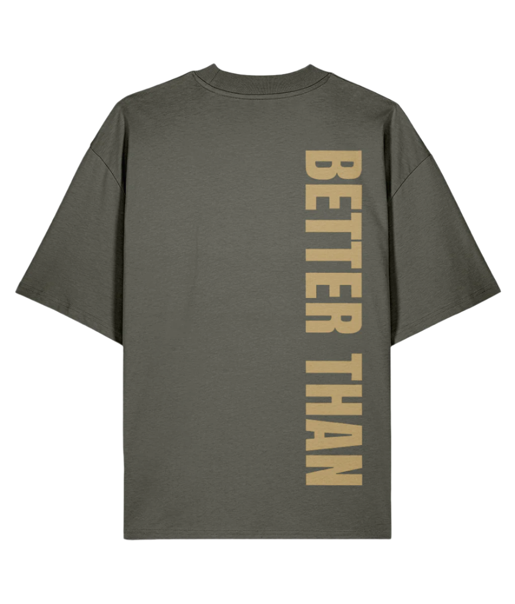 Back view of  khaki green organic cotton heavyweight t-shirt showing the vertical Better Than print down the right shoulder, part of the Everyday Armour collection by Better Than