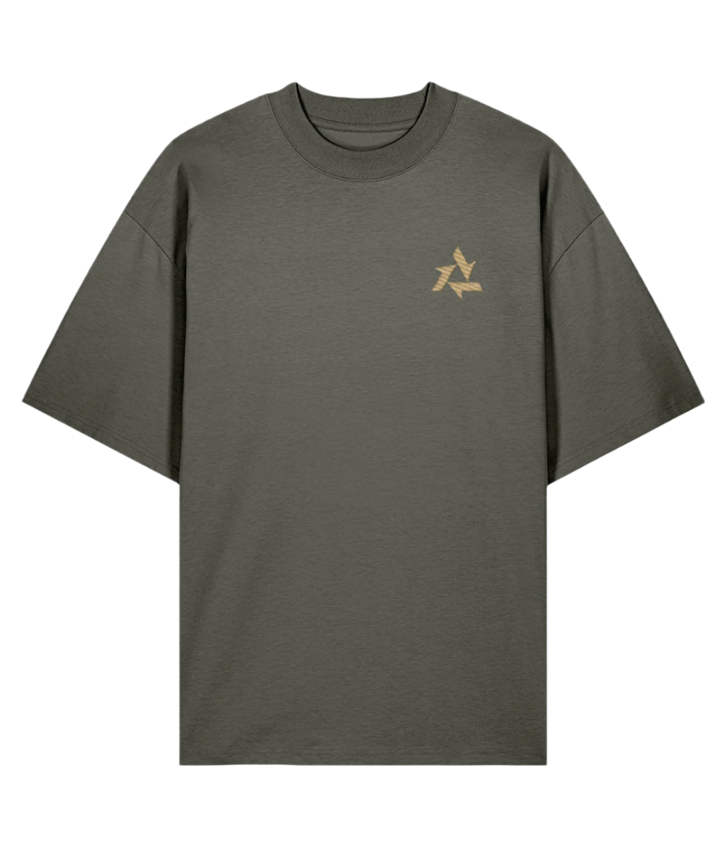 Front view of khaki green heavyweight t-shirt made from organic cotton with delta logo embroidery, part of the Everyday Armour collection by Better Than