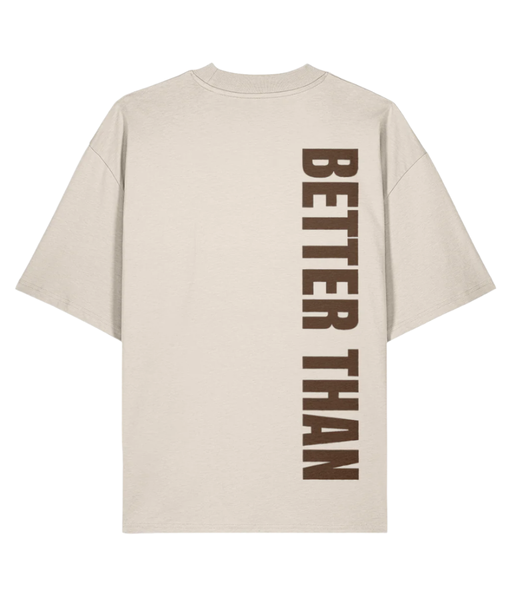 Back view of  natural raw organic cotton heavyweight t-shirt showing the vertical Better Than print down the right shoulder, part of the Everyday Armour collection by Better Than