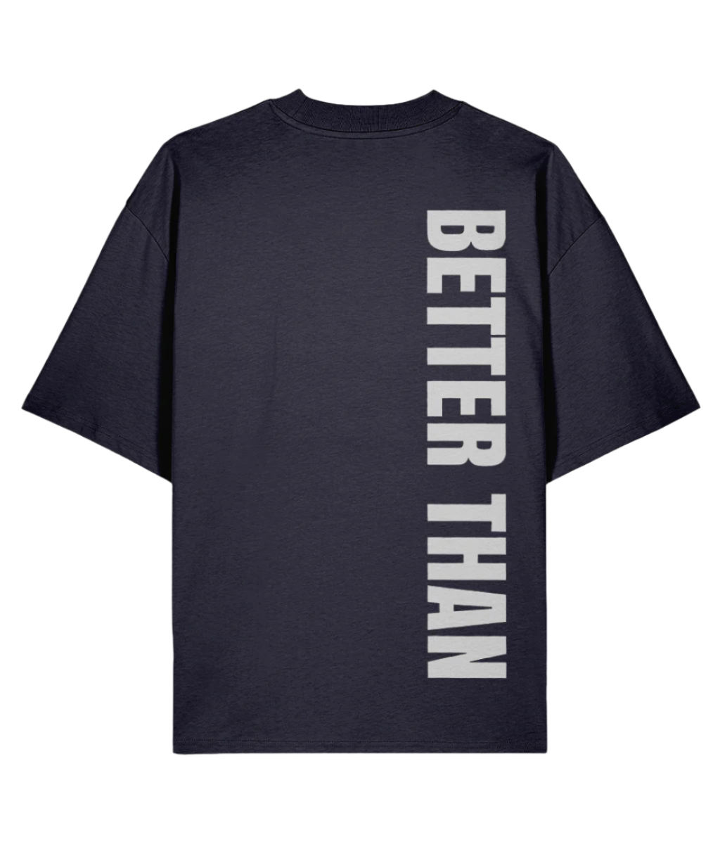Back view of  navy organic cotton heavyweight t-shirt showing the vertical Better Than print down the right shoulder, part of the Everyday Armour collection by Better Than