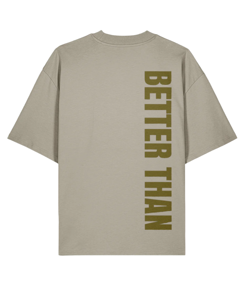 Back view of  stone organic cotton heavyweight t-shirt showing the vertical Better Than print down the right shoulder, part of the Everyday Armour collection by Better Than