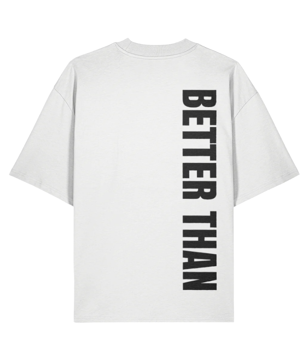 Back view of  white organic cotton heavyweight t-shirt showing the vertical Better Than print down the right shoulder, part of the Everyday Armour collection by Better Than