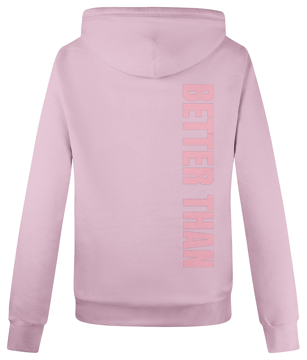 Back view of ladies heavyweight baby pink organic cotton hoodie showing the vertical Better Than print down the right shoulder, part of the Everyday Armour collection by Better Than