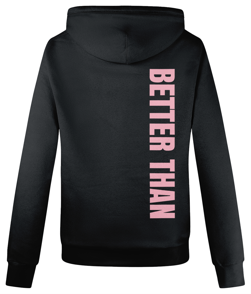 Back view of ladies heavyweight black organic cotton hoodie showing the vertical Better Than print down the right shoulder, part of the Everyday Armour collection by Better Than