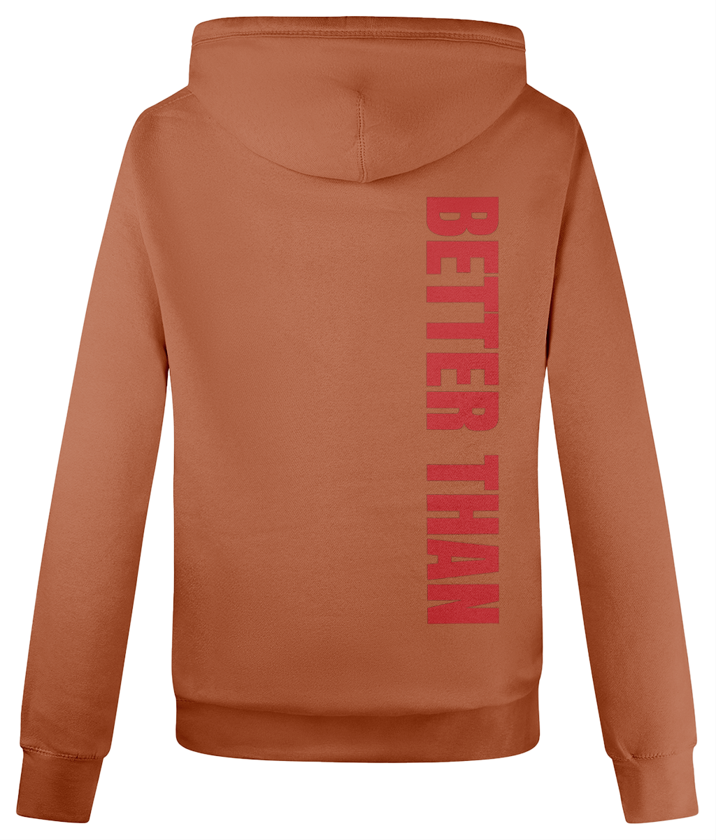 Back view of ladies heavyweight ginger biscuit organic cotton hoodie showing the vertical Better Than print down the right shoulder, part of the Everyday Armour collection by Better Than
