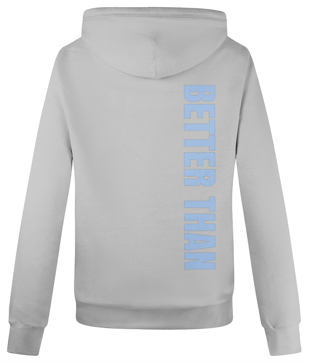 Back view of ladies heavyweight grey organic cotton hoodie showing the vertical Better Than print down the right shoulder, part of the Everyday Armour collection by Better Than