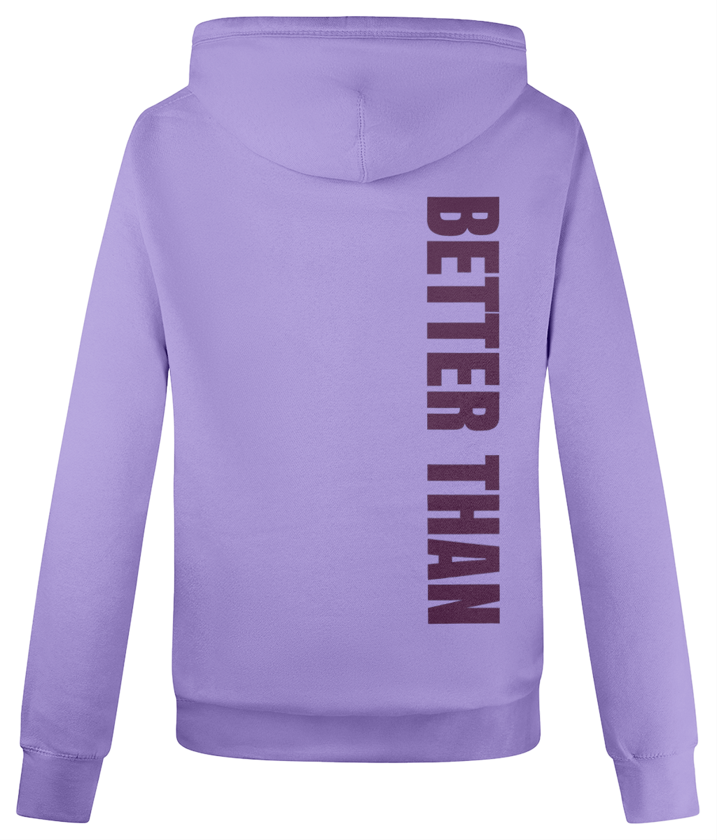 Back view of ladies heavyweight lavender organic cotton hoodie showing the vertical Better Than print down the right shoulder, part of the Everyday Armour collection by Better Than