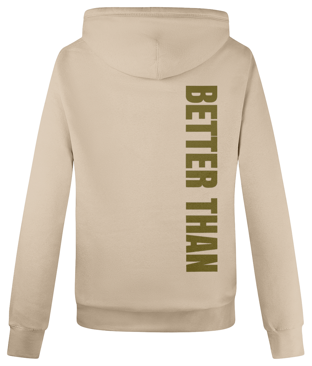 Back view of ladies heavyweight nude organic cotton hoodie showing the vertical Better Than print down the right shoulder, part of the Everyday Armour collection by Better Than