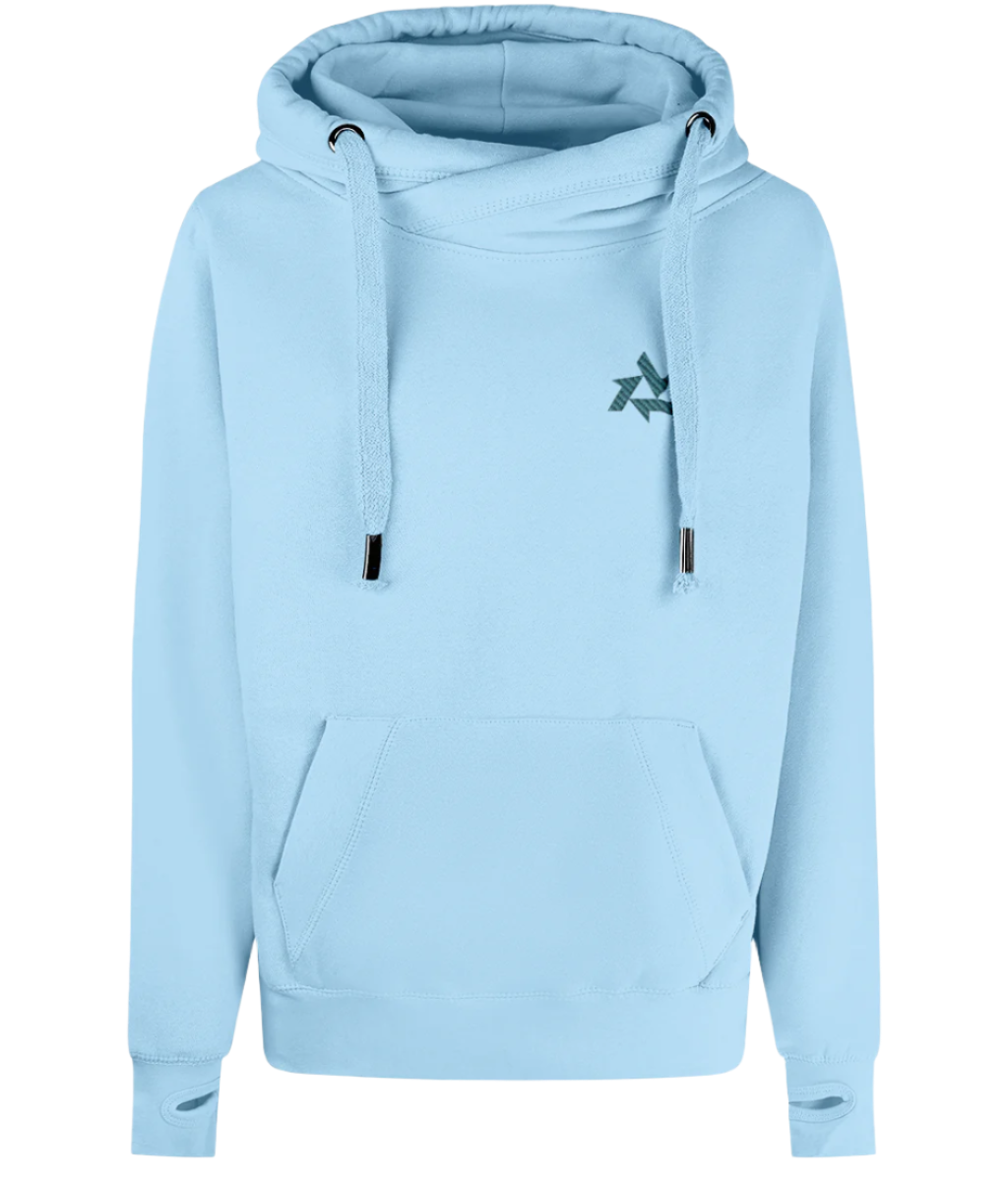 Front view of ladies heavyweight sky blue hoodie made from premium cotton blend with delta logo embroidery, part of the Everyday Armour collection by Better Than
