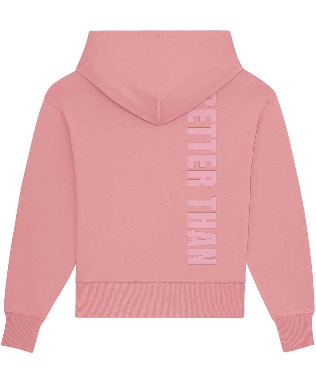 Back view of heavyweight Pink organic cotton hoodie showing the vertical Better Than print down the right shoulder, part of the Everyday Armour collection by Better Than