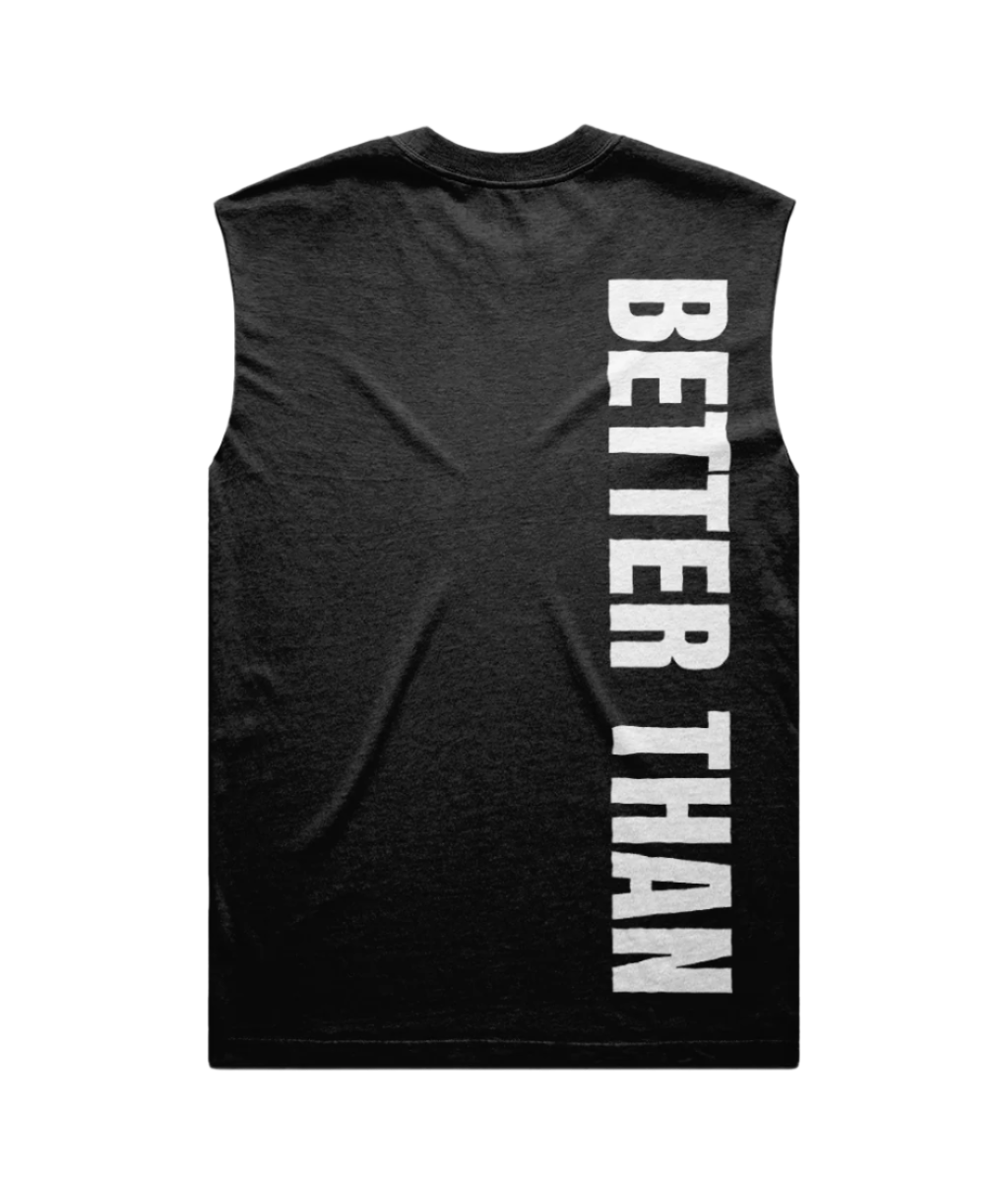 Back view of heavyweight Black carded cotton vest showing the vertical Better Than print down the right shoulder, part of the Everyday Armour collection by Better Than