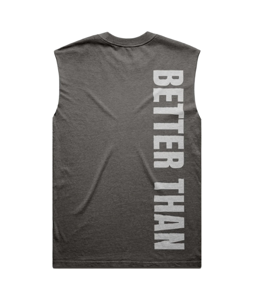 Back view of heavyweight grey carded cotton vest showing the vertical Better Than print down the right shoulder, part of the Everyday Armour collection by Better Than