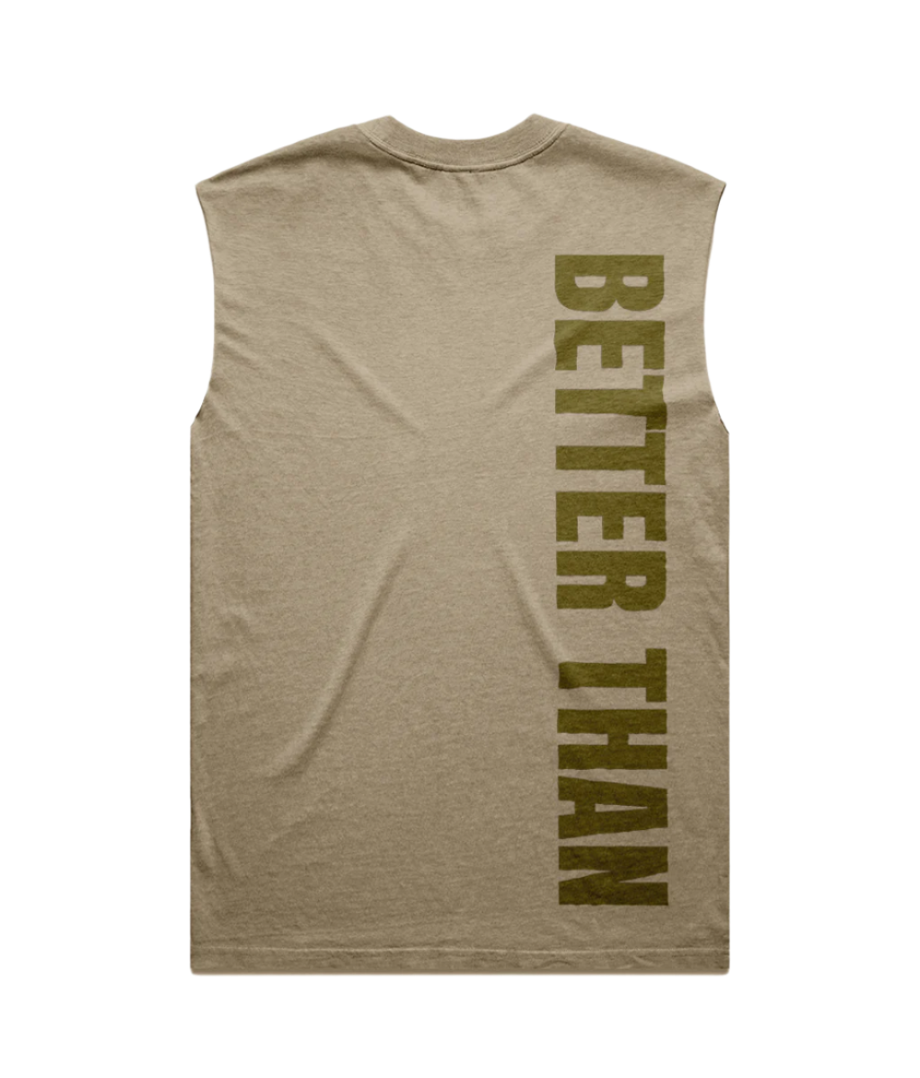 Back view of heavyweight khaki green carded cotton vest showing the vertical Better Than print down the right shoulder, part of the Everyday Armour collection by Better Than