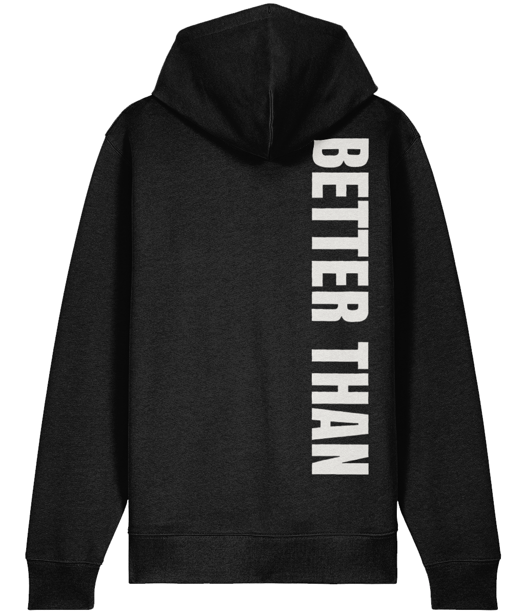 Back view of black heavyweight zipup hoodie made from organic cotton showing the vertical Better Than print down the right shoulder, part of the Everyday Armour collection by Better Than