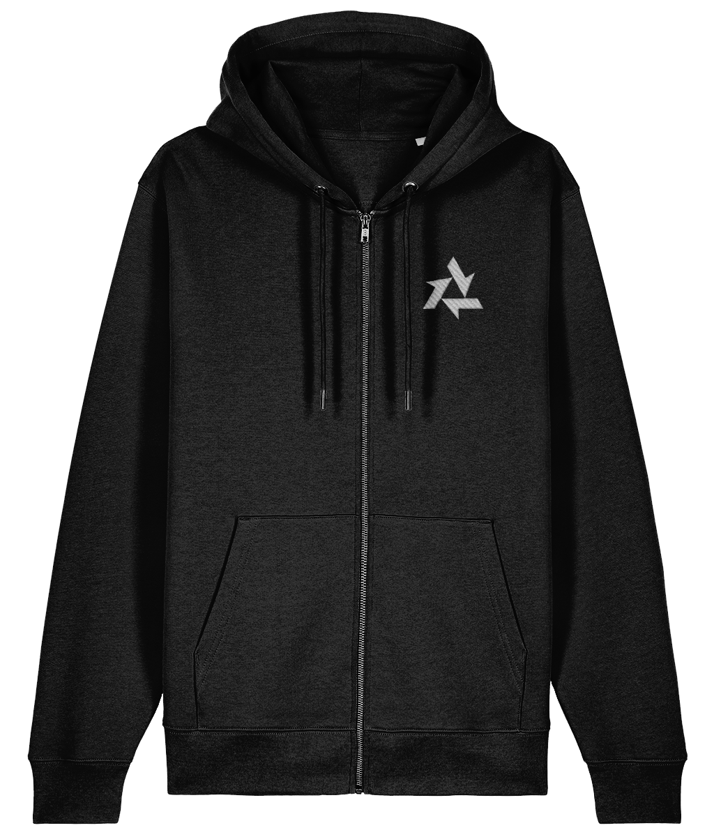Front view of black heavyweight zipup hoodie made from organic cotton with delta logo embroidery, part of the Everyday Armour collection by Better Than
