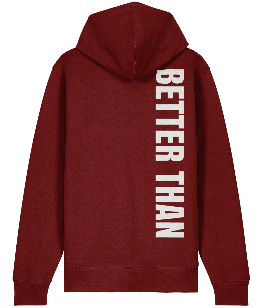 Back view of burgundy heavyweight zipup hoodie made from organic cotton showing the vertical Better Than print down the right shoulder, part of the Everyday Armour collection by Better Than