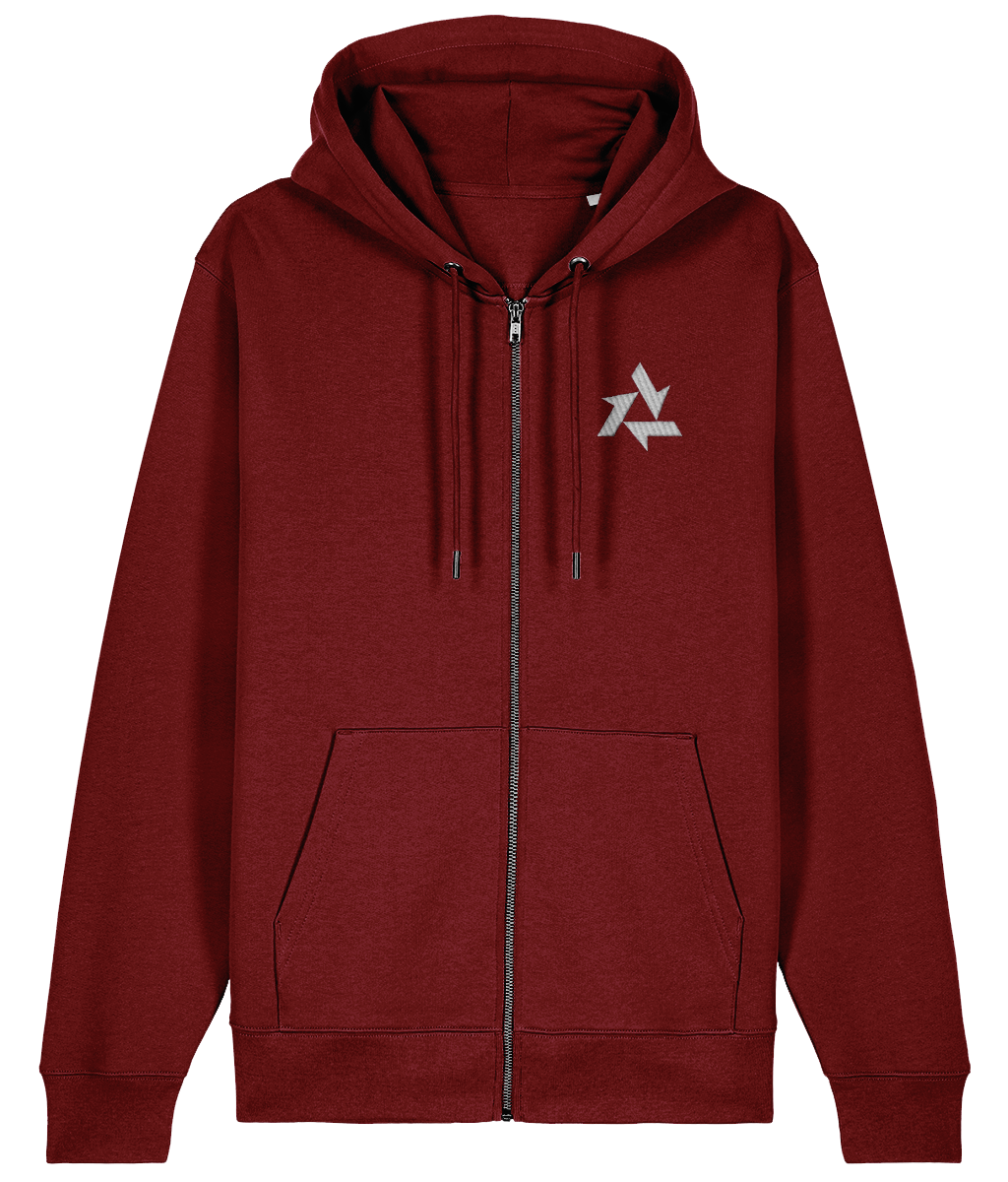 Front view of burgundy heavyweight zipup hoodie made from organic cotton with delta logo embroidery, part of the Everyday Armour collection by Better Than