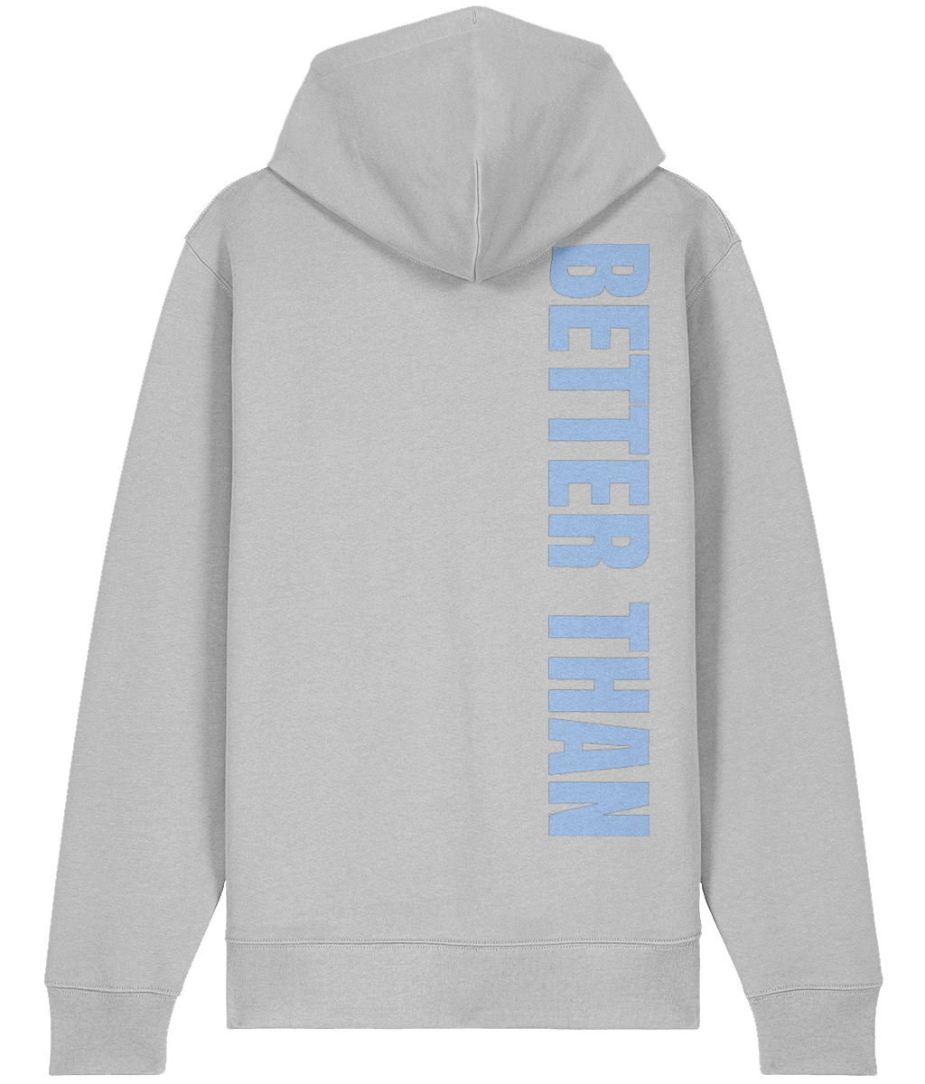 Back view of grey heavyweight zipup hoodie made from organic cotton showing the vertical Better Than print down the right shoulder, part of the Everyday Armour collection by Better Than