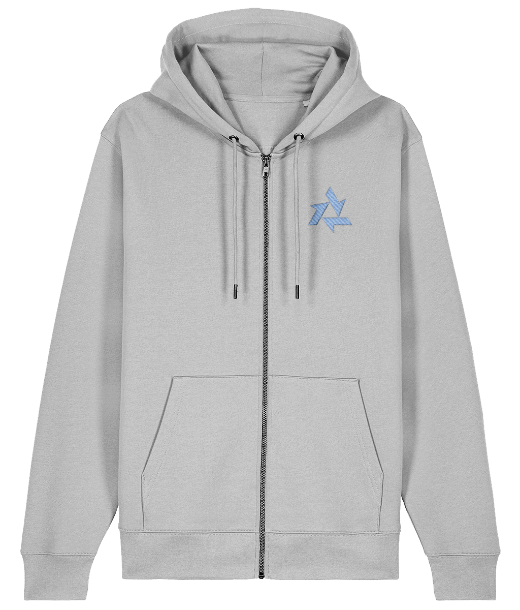 Front view of grey heavyweight zipup hoodie made from organic cotton with delta logo embroidery, part of the Everyday Armour collection by Better Than