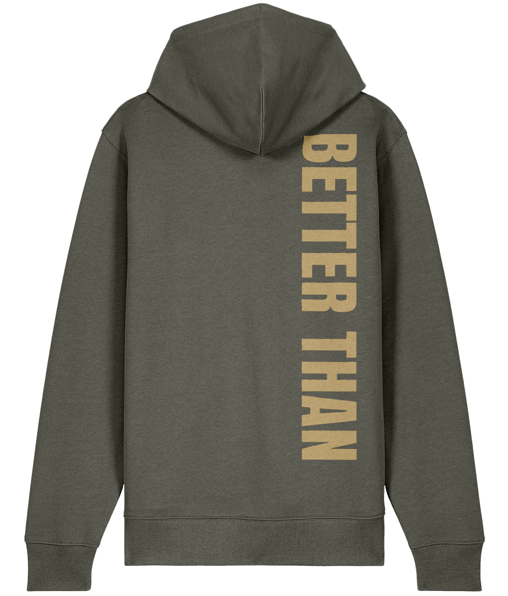 Back view of khaki green heavyweight zipup hoodie made from organic cotton showing the vertical Better Than print down the right shoulder, part of the Everyday Armour collection by Better Than