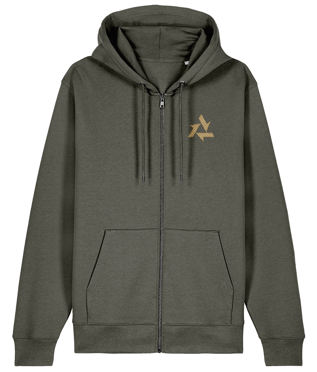Front view of khaki green heavyweight zipup hoodie made from organic cotton with delta logo embroidery, part of the Everyday Armour collection by Better Than