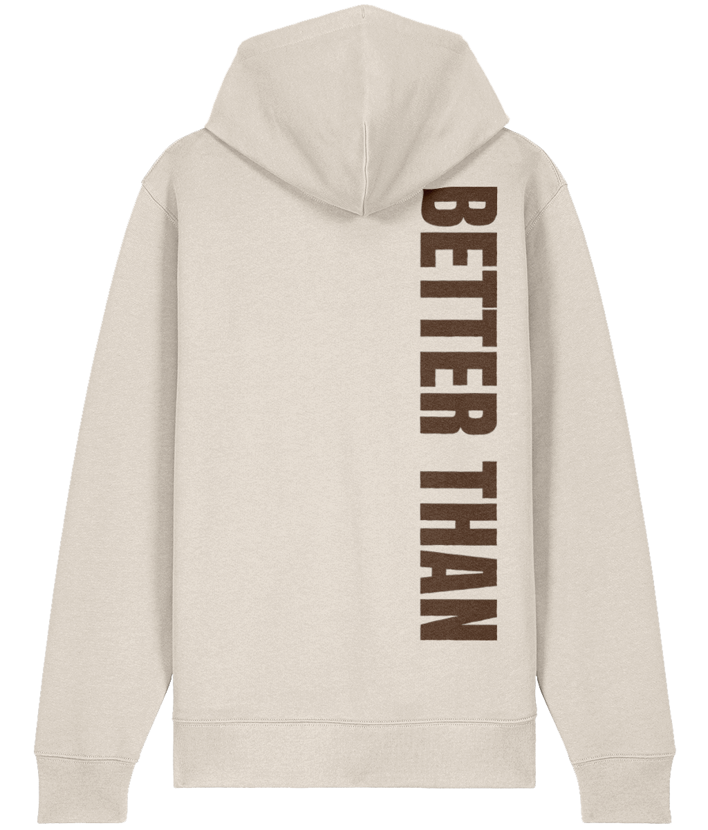 Back view of natural raw heavyweight zipup hoodie made from organic cotton showing the vertical Better Than print down the right shoulder, part of the Everyday Armour collection by Better Than