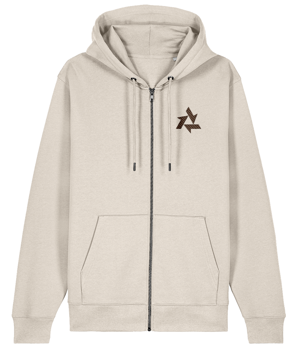 Front view of natural raw heavyweight zipup hoodie made from organic cotton with delta logo embroidery, part of the Everyday Armour collection by Better Than