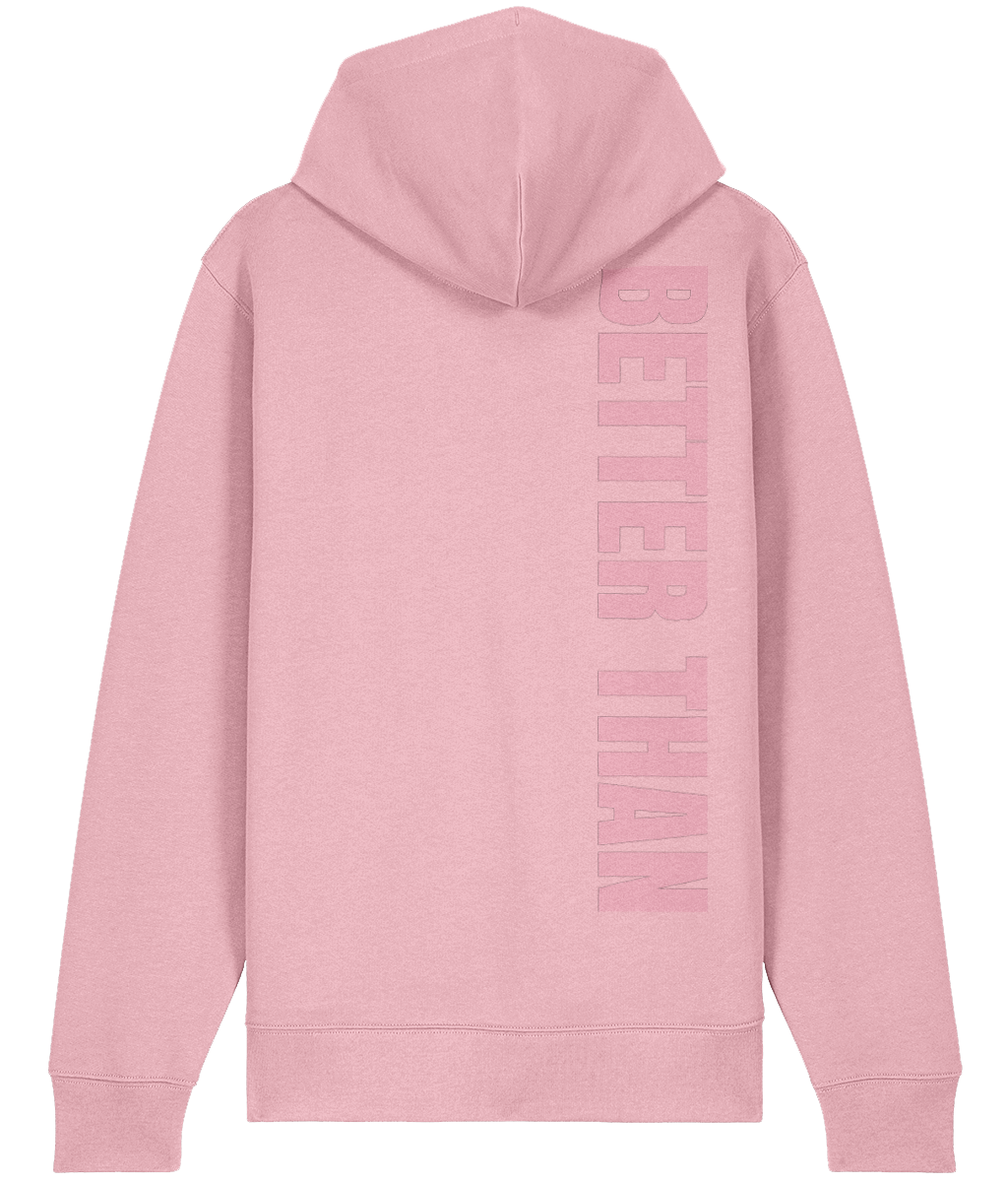 Back view of pink heavyweight zipup hoodie made from organic cotton showing the vertical Better Than print down the right shoulder, part of the Everyday Armour collection by Better Than