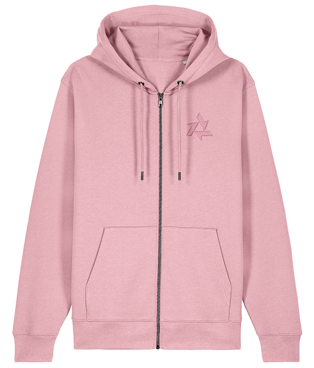 Front view of pink heavyweight zipup hoodie made from organic cotton with delta logo embroidery, part of the Everyday Armour collection by Better Than