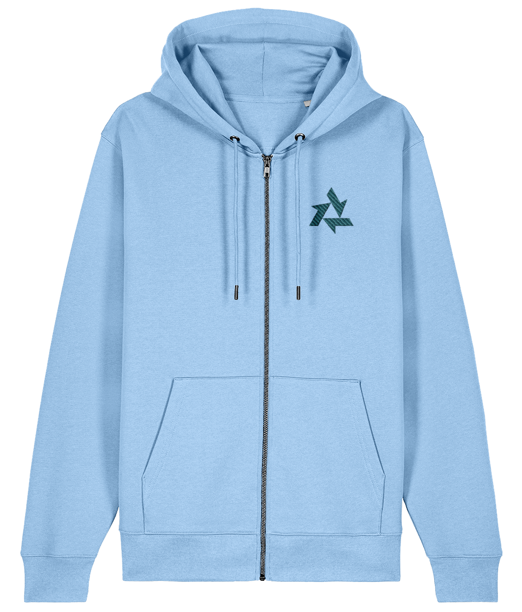 Front view of sky blue heavyweight zipup hoodie made from organic cotton with delta logo embroidery, part of the Everyday Armour collection by Better Than