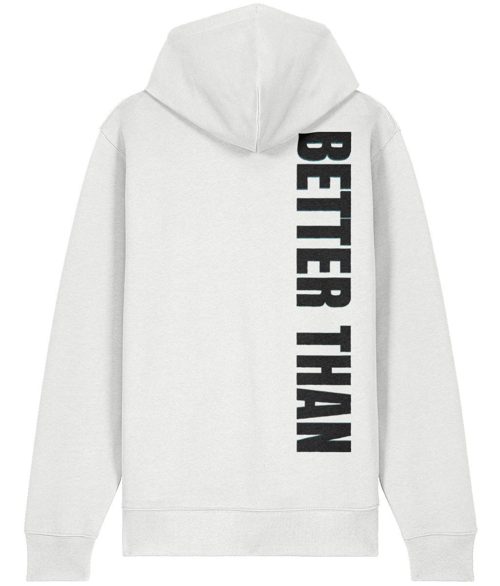 Back view of white heavyweight zipup hoodie made from organic cotton showing the vertical Better Than print down the right shoulder, part of the Everyday Armour collection by Better Than